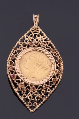 Lot 412 - An 1880 sovereign and gemset pendant, the 1880...