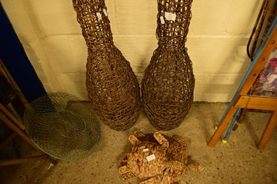 Lot 337 - TWO WICKERWORK VASES AND TWO WOVEN MODEL TURTLES