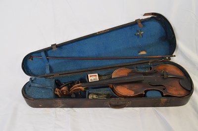 Lot 316 - Antique violin and bow and case, no makers...