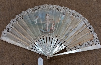 Lot 14 - A painted silk and lace fan, depicting the...