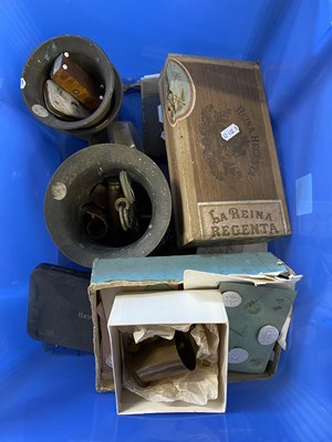 Lot 369 - Plastic box containing various items, brass...