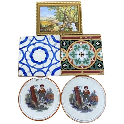 Lot 463 - Pair of 19th Century tiles, porcelain plaque...