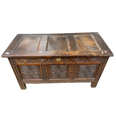 Lot 523 - 18th Century oak coffer with panelled lid over...