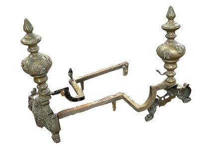 Lot 586 - Pair large brass and iron ornate fire dogs