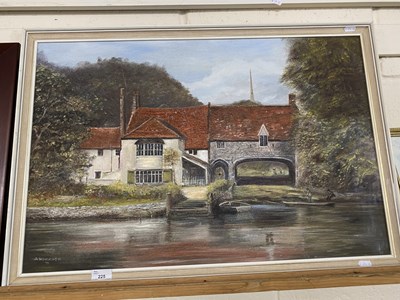 Lot 225 - A Harrold, study of Pulls Ferry, Norwich, oil...