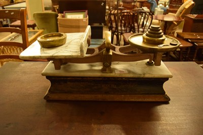 Lot 355 - VINTAGE MARBLE BASED BRASS SHOP SCALES WITH...