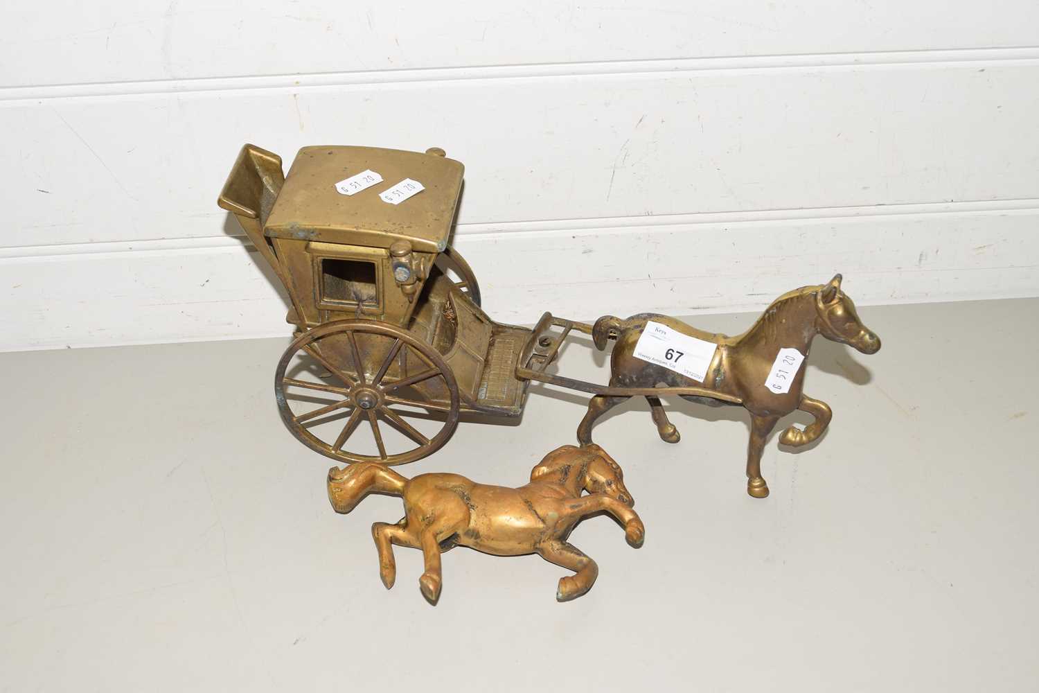 Lot 67 - BRASS HORSE AND CARRIAGE AND A FURTHER HORSE