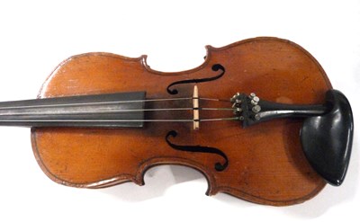 Lot 522 - A cased antique violin with two bows, no...