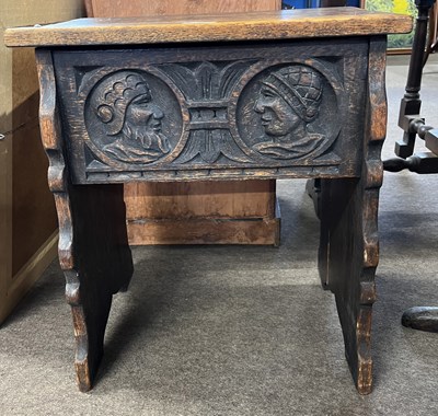 Lot 572 - Late 19th Century oak box stool with carved...