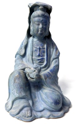 Lot 264 - Pottery model of Chinese Deity in a blue glaze,...