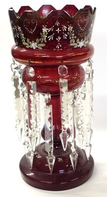 Lot 302 - A ruby coloured table lustre with painted...