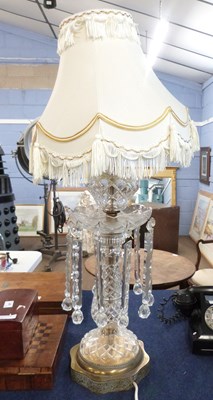 Lot 365 - A large lamp and shade cut glass with lustres...