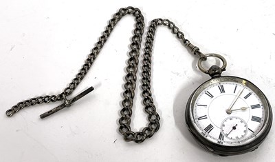 Lot 336 - A white metal pocket watch and chain, the...