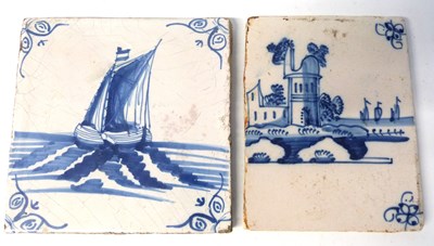 Lot 426 - Two Dutch delft tiles, one with blue and white...