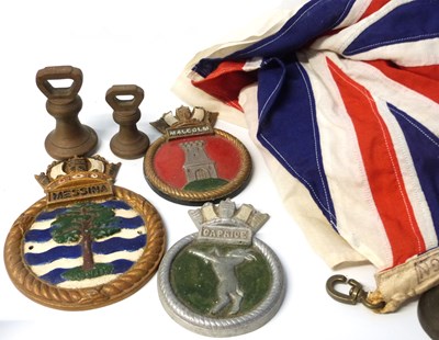 Lot 473 - Box containing a Union Jack and some brass...