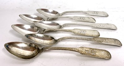 Lot 162 - Six white metal fiddle pattern teaspoons,...