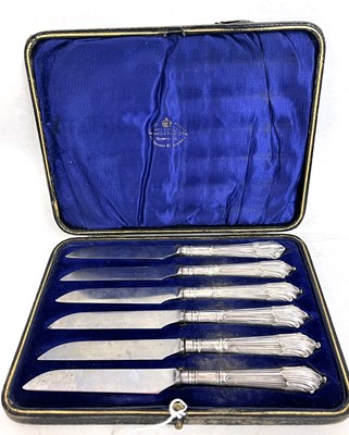 Lot 237 - Cased set of six silver handled dessert knives,...