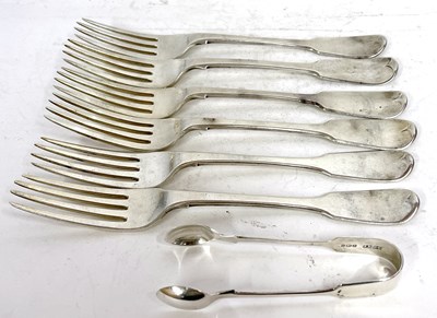 Lot 259 - Six Georgian fiddle pattern table forks...