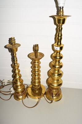 Lot 181 - THREE VINTAGE BRASS TABLE LAMPS OF BOBBIN FORM