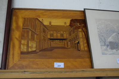 Lot 221 - MARQUETRY PICTURE, TUDOR BUILDINGS, 40CM WIDE