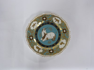 Lot 504 - Royal Crown Derby Unicorn and plate (2)