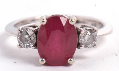 Lot 4 - A 14ct white gold ruby and diamond ring, the...