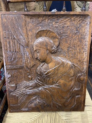 Lot 653 - 20th Century carved oak panel depicting a lady...