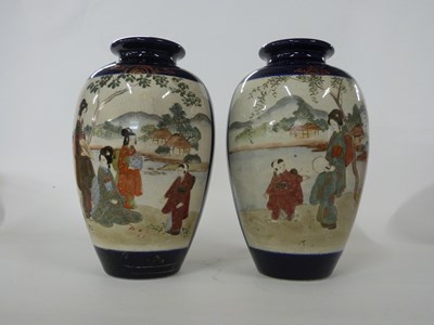 Lot 304 - Pair of Japanese Satsuma ware vases, the blue...