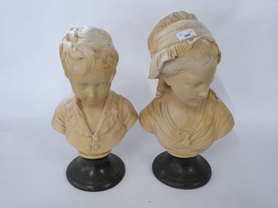 Lot 360 - Pair of ceramic busts of children on black...