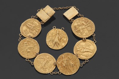 Lot 407 - A Kushan coin bracelet, the six round coins...