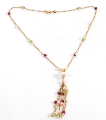 Lot 97 - An 18ct cultured pearl, peridot and garnet...