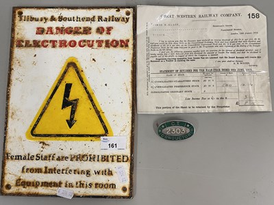 Lot 161 - Tilbury & Southend Railway sign marked 'Danger...