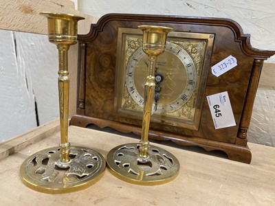 Lot 645 - Wooden mantel clock with square brass dial and...