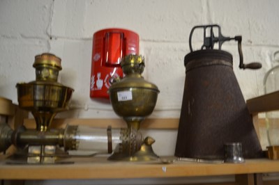 Lot 523 - Three various lamps, butter churn etc