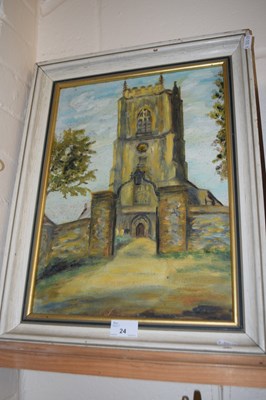 Lot 24 - View of a church tower, oil on board, unsigned,...