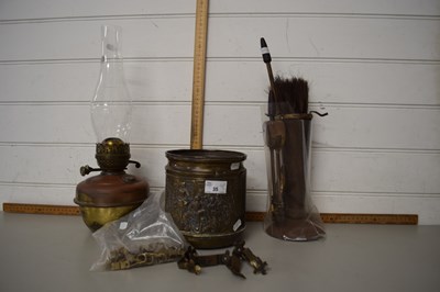 Lot 35 - Copper oil lamp, planter and fire side companion