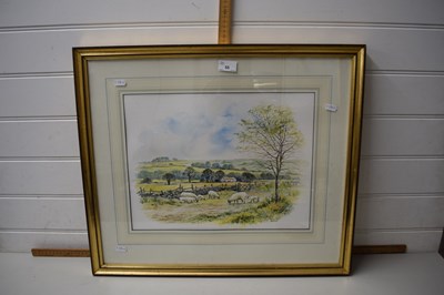 Lot 55 - Landscape with sheep and cottage beyond,...