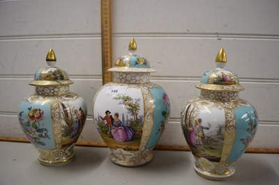 Lot 146 - Group of three Dresden porcelain vases and...