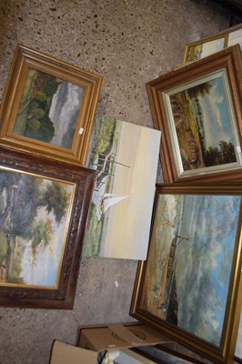 Lot 228 - Group of oil paintings including a beach scene...