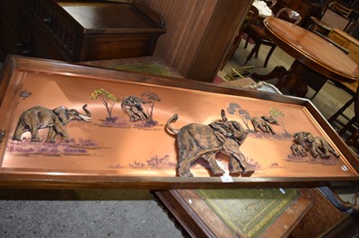 Lot 284 - Copper relief picture of elephants by Lynn...