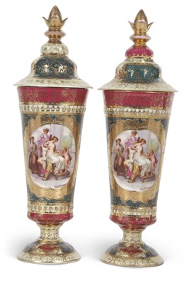 Lot 56 - A pair of Vienna vases and covers with panels...