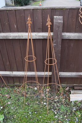 Lot 4 - Pair of metal plant stands with ornate finials,...