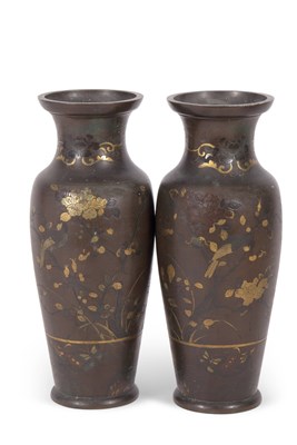Lot 149 - A pair of bronze vases with gilt design of...