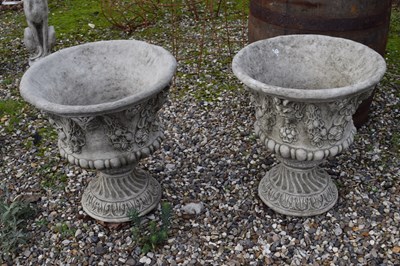 Lot 10 - Pair of composite garden urns with ornate...