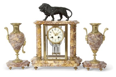 Lot 437 - A French variegated marble clock garniture,...