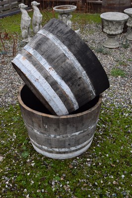 Lot 17 - Coopered half-barrel wooden planter, height...