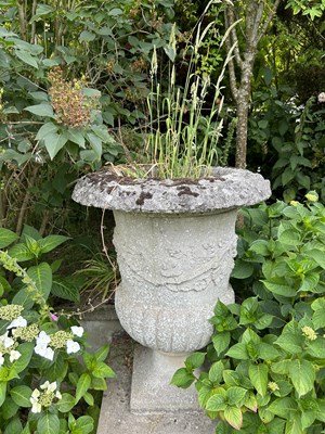 Lot 29 - Pair of composite garden urns (a/f), height...