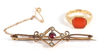 Lot 108 - An 18ct ring, set with a carnelian, stamped 18...