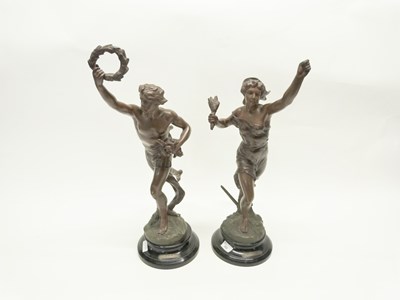 Lot 343 - A large pair of Spelter figures on black...