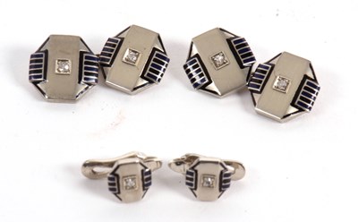 Lot 91 - A pair of 14ct diamond and enamel cufflinks...